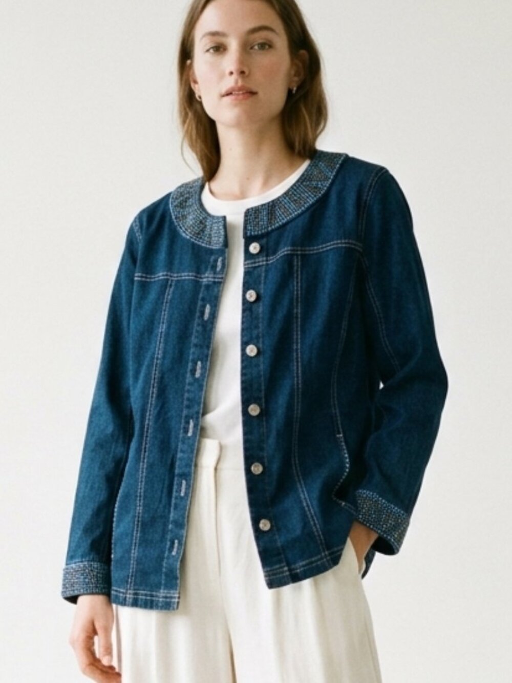 Quacker Factory Denim Jacket Rhinestones Blue Bling Casual L